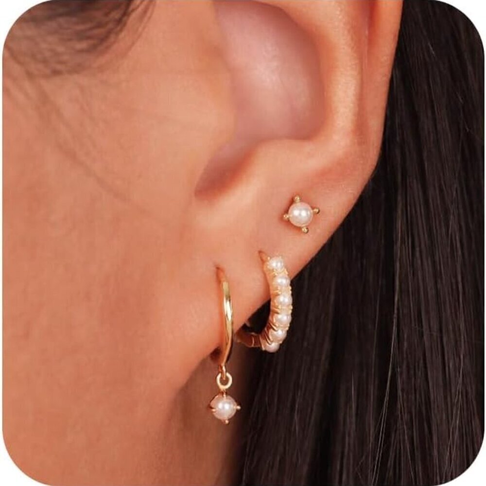 Dainty 14K Gold Plated Hoop Earrings with Pearls - Small, Elegant, Hypoallergeni